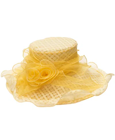 August Hats Textured Organza Rosette Wide Brim Hat In Yellow