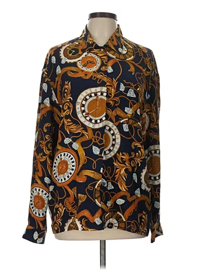 Pre-owned August Silk Long Sleeve Silk Top Brown Paisley Pattern Mock Neckline Tops