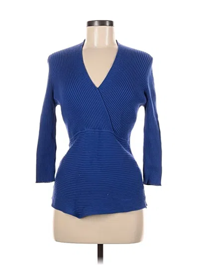 Pre-owned August Silk Long Sleeve Top Blue Plunge Neckline Tops