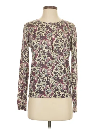 Pre-owned August Silk Long Sleeve Top Burgundy Floral Pattern Crew Neck Tops