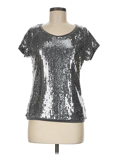 Pre-owned August Silk Short Sleeve Top Silver Metallic Pattern Scoop Neck Tops