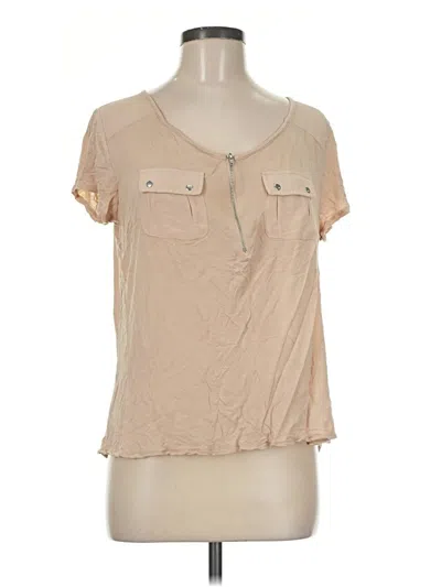 Pre-owned August Silk Short Sleeve Top Tan Keyhole Neckline Tops