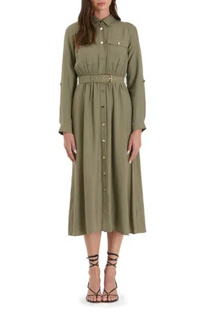 August Sky Belted Shirtdress In Dusty Olive
