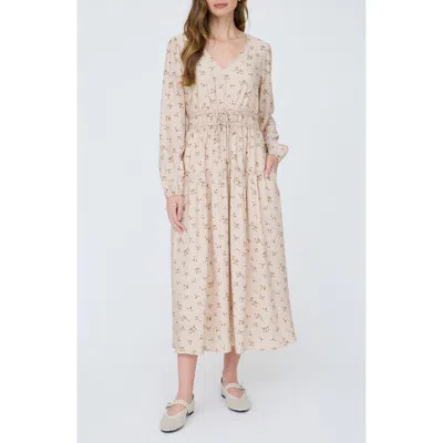August Sky Ditsy Floral Print Long Sleeve Midi Dress In Beige