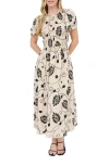 August Sky Embroidered Smocked Short Sleeve Maxi Dress In Khaki