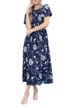 August Sky Embroidered Smocked Short Sleeve Maxi Dress In Navy