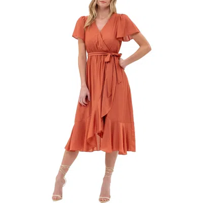 August Sky Faux Wrap Midi Dress In Terracotta