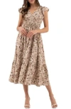 August Sky Floral Cap Sleeve Midi Dress In Taupe Multi