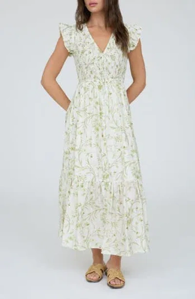 August Sky Floral Cap Sleeve Smocked Fit & Flare Midi Dress In Green