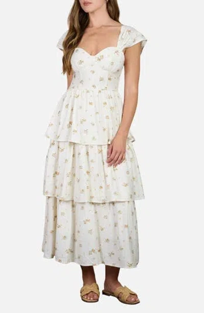August Sky Floral Cap Sleeve Tiered Sundress In White