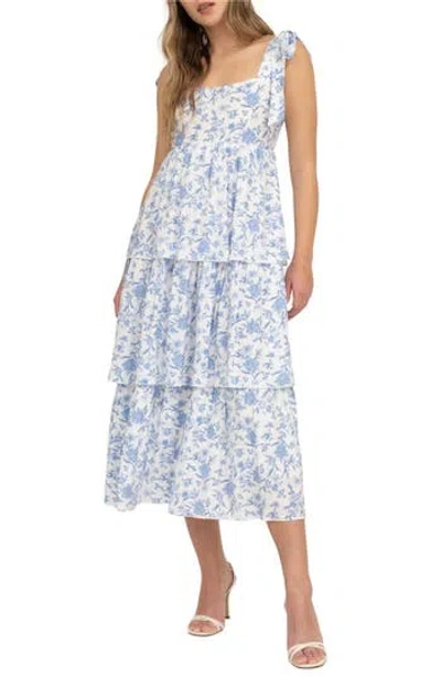 August Sky Floral Empire Waist Tiered Midi Dress In Blue Multi
