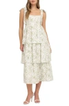 August Sky Floral Empire Waist Tiered Midi Dress In Sage Multi