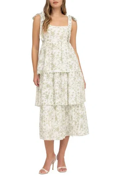 August Sky Floral Empire Waist Tiered Midi Dress In Sage Multi