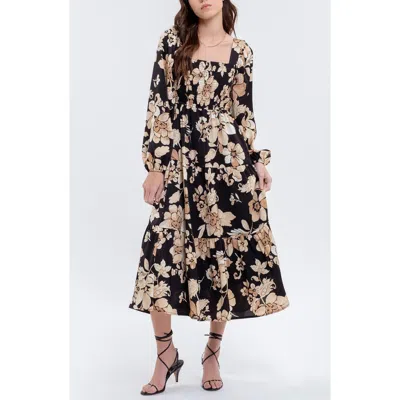 August Sky Floral Long Sleeve Midi Dress In Black Multi