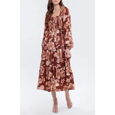 August Sky Floral Long Sleeve Midi Dress In Burgundy Multi