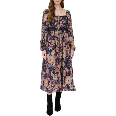 August Sky Floral Long Sleeve Midi Dress In Multi