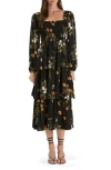 August Sky Floral Long Sleeve Tiered Midi Dress In Black Multi