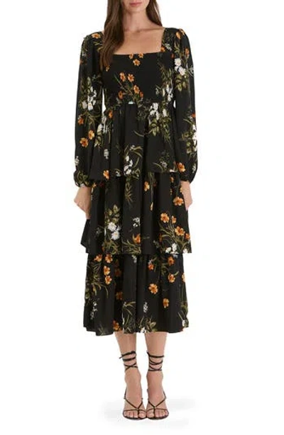 August Sky Floral Long Sleeve Tiered Midi Dress In Black Multi