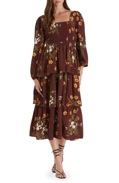 August Sky Floral Long Sleeve Tiered Midi Dress In Oxblood Multi