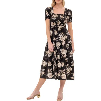 August Sky Floral Midi Dress In Black Multi