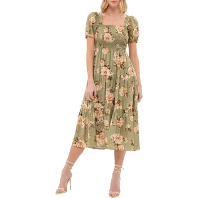August Sky Floral Midi Dress In Light Olive Multi