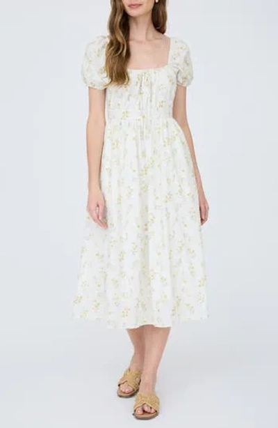 August Sky Floral Puff Sleeve Cotton Midi Dress In Ivory Floral