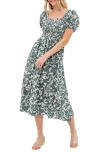 August Sky Floral Puff Sleeve Smocked Midi Dress In Forest Green