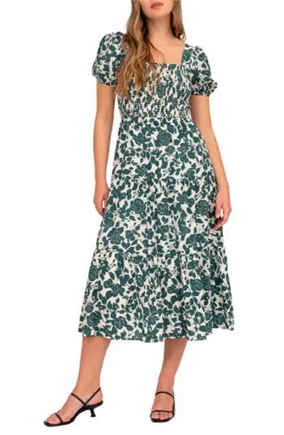 August Sky Floral Puff Sleeve Smocked Midi Dress In Forest Green Multi