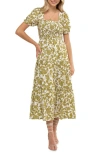 August Sky Floral Puff Sleeve Smocked Midi Dress In Kiwi Multi