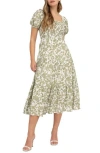 August Sky Floral Puff Sleeve Smocked Midi Dress In Olive Multi