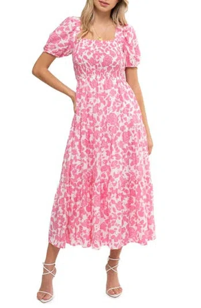 August Sky Floral Puff Sleeve Smocked Midi Dress In Pink Multi