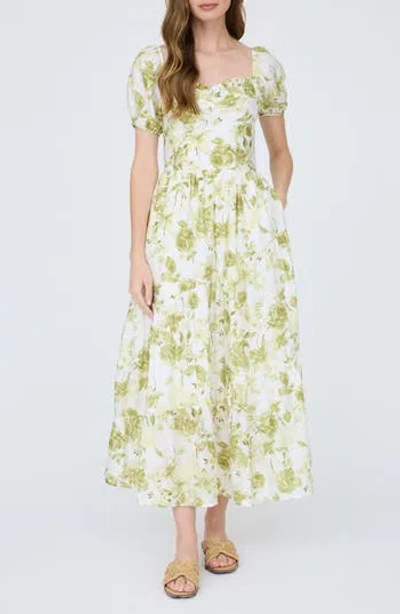 August Sky Floral Puff Sleeve Tiered Fit & Flare Midi Dress In Multi