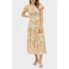 August Sky Floral Puff Sleeve Tiered Midi Dress