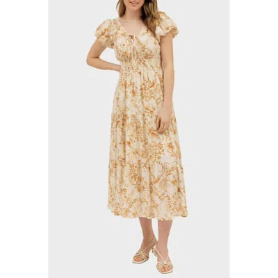 August Sky Floral Puff Sleeve Tiered Midi Dress
