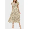 August Sky Floral Puff Sleeve Tiered Midi Dress