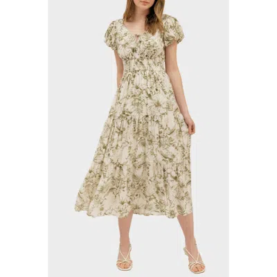 August Sky Floral Puff Sleeve Tiered Midi Dress