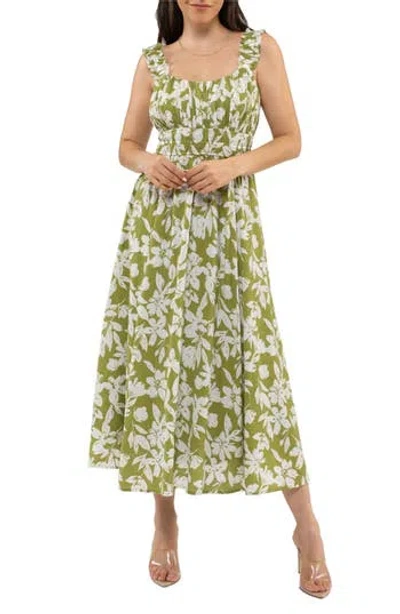 August Sky Floral Shirred Empire Waist Midi Dress In Green