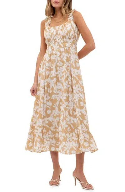 August Sky Floral Shirred Empire Waist Midi Dress In Khaki