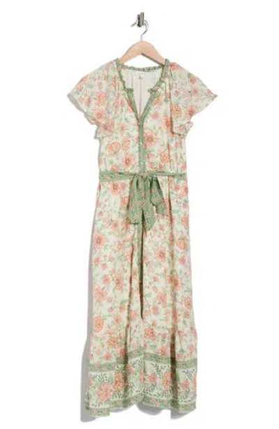August Sky Floral Short Sleeve Tie Waist Dress In Multi