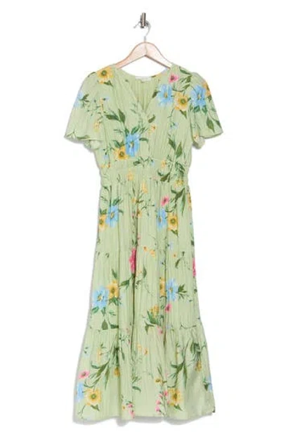 August Sky Floral Short Sleeve Tiered Midi Dress