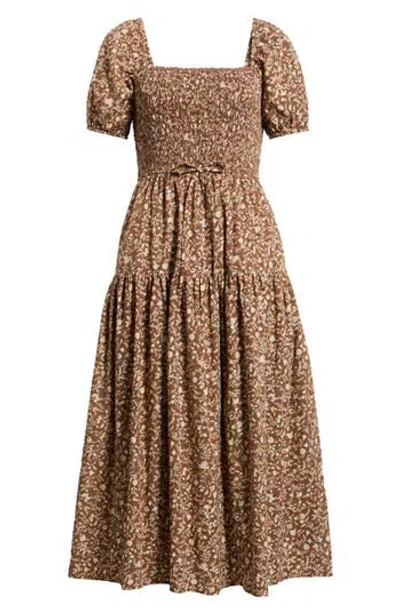 August Sky Floral Smocked Midi Dress In Brown