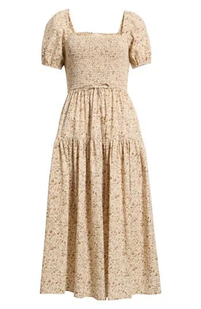 August Sky Floral Smocked Midi Dress In Light Khaki
