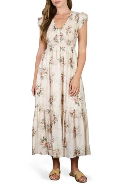 August Sky Floral Smocked Midi Dress In Multi