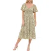August Sky Floral Smocked Short Sleeve Midi Dress In Light Olive Multi