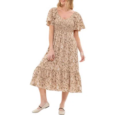 August Sky Floral Smocked Short Sleeve Midi Dress In Mocha Multi