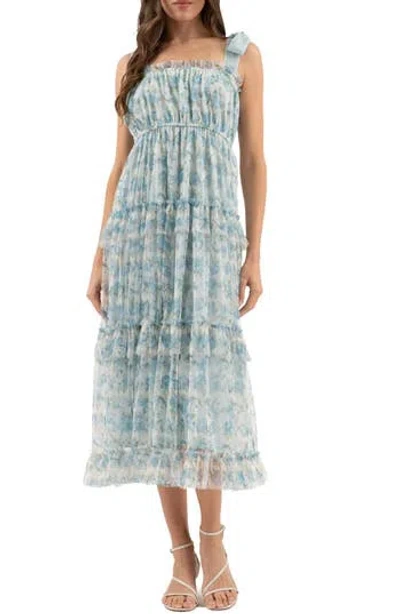 August Sky Floral Tie Strap Empire Waist Midi Dress In Blue
