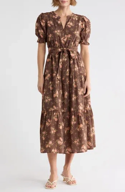 August Sky Floral Tie Waist Midi Dress In Brown