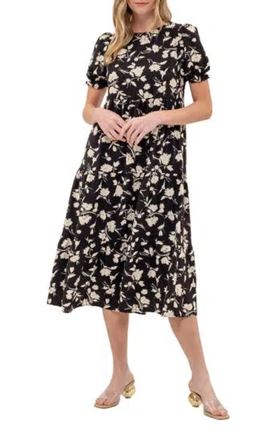 August Sky Floral Tiered Midi Dress In Black