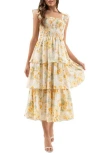 August Sky Floral Tiered Midi Dress In White