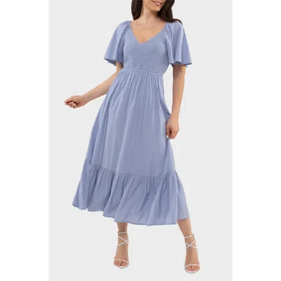 August Sky Flutter Sleeve A-line Midi Dress